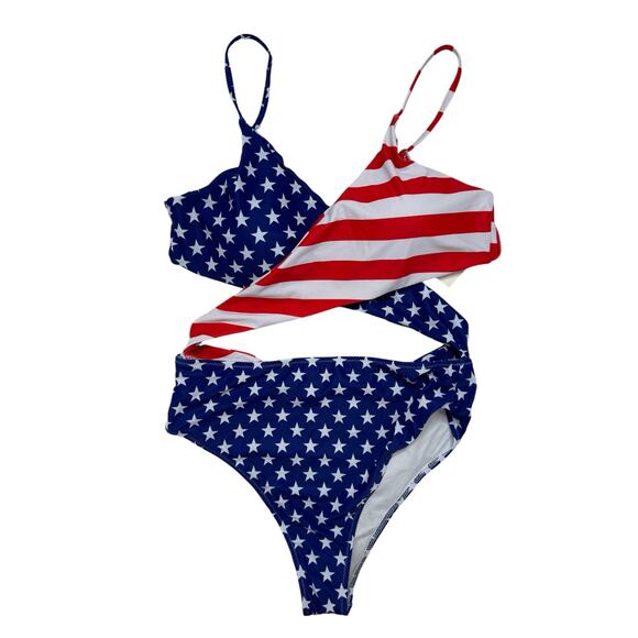CHYRII *NEW* American Flag Sexy Criss Cross High Waisted Cut Out Swimsuit Sz XL - Picture 2 of 5